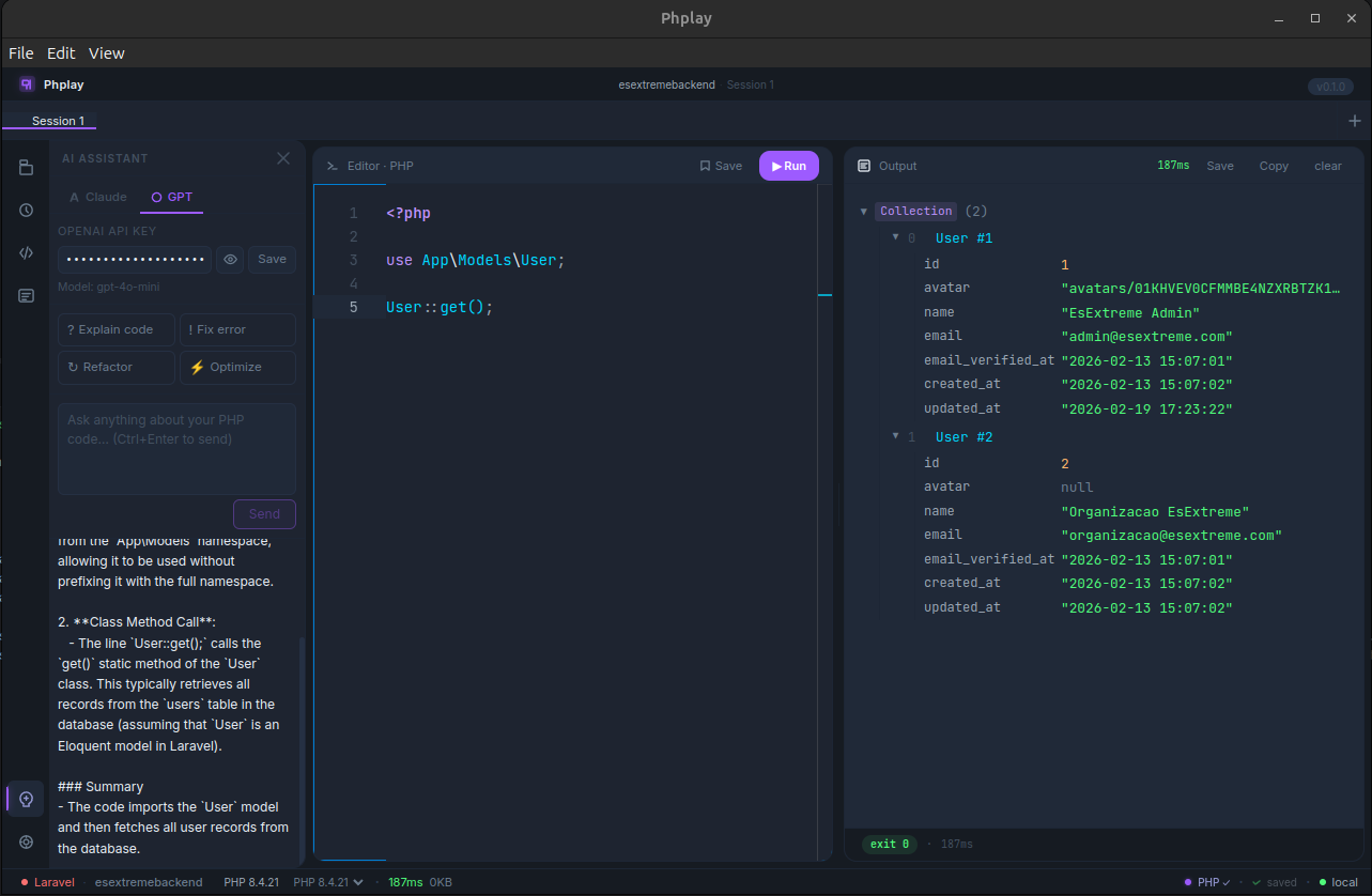 Phplay AI Assistant panel showing Claude and GPT tabs with action buttons for explain, fix, refactor