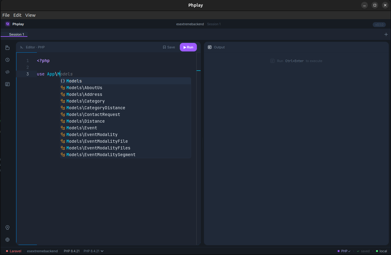 Phplay autocomplete dropdown showing project classes and namespaces