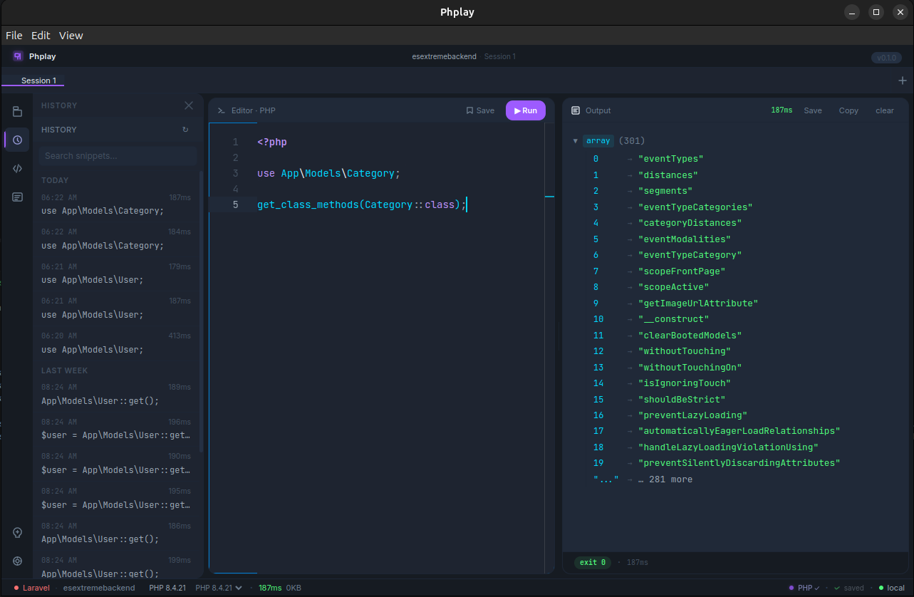 Phplay execution history panel showing past snippets with timestamps and results