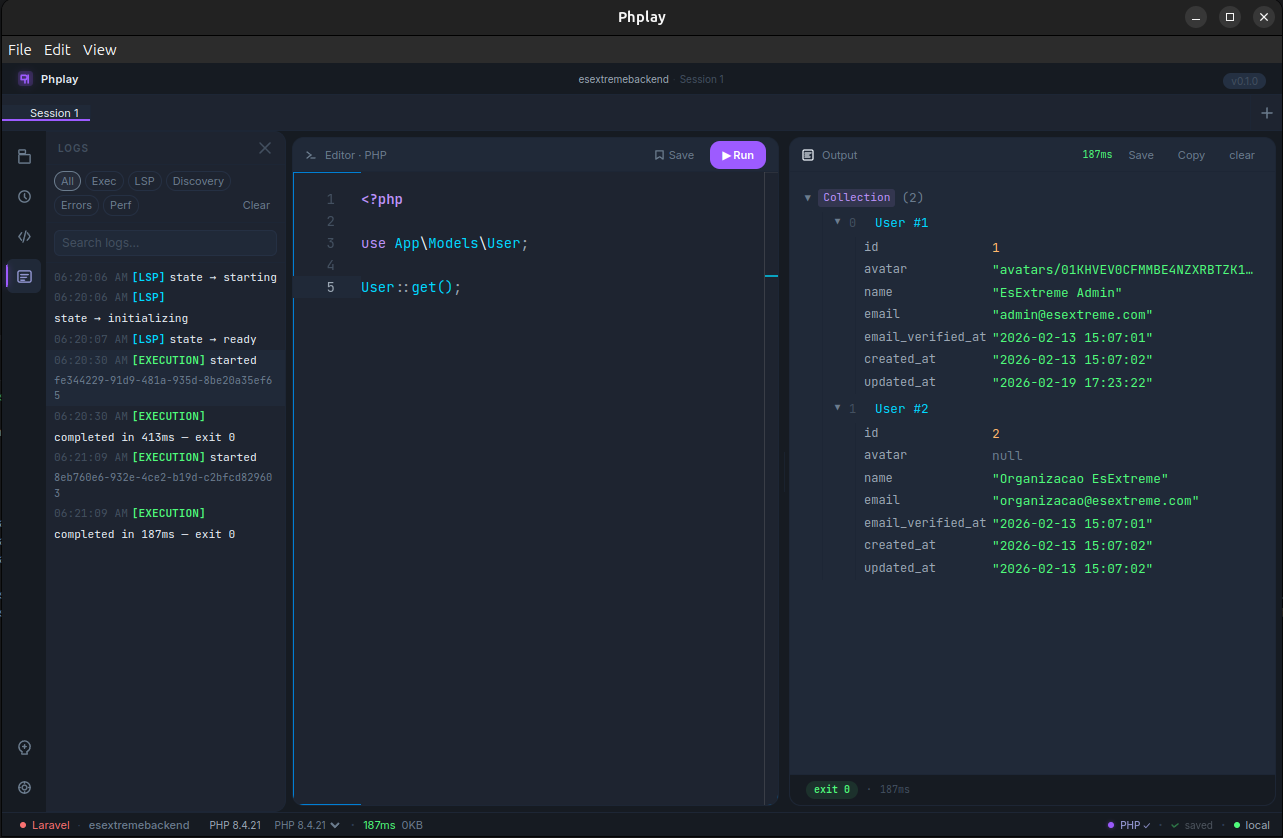Phplay logs panel showing execution events, errors, and performance metrics