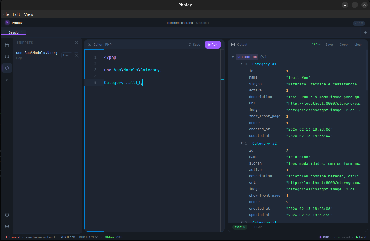 Phplay snippets library panel showing saved code snippets